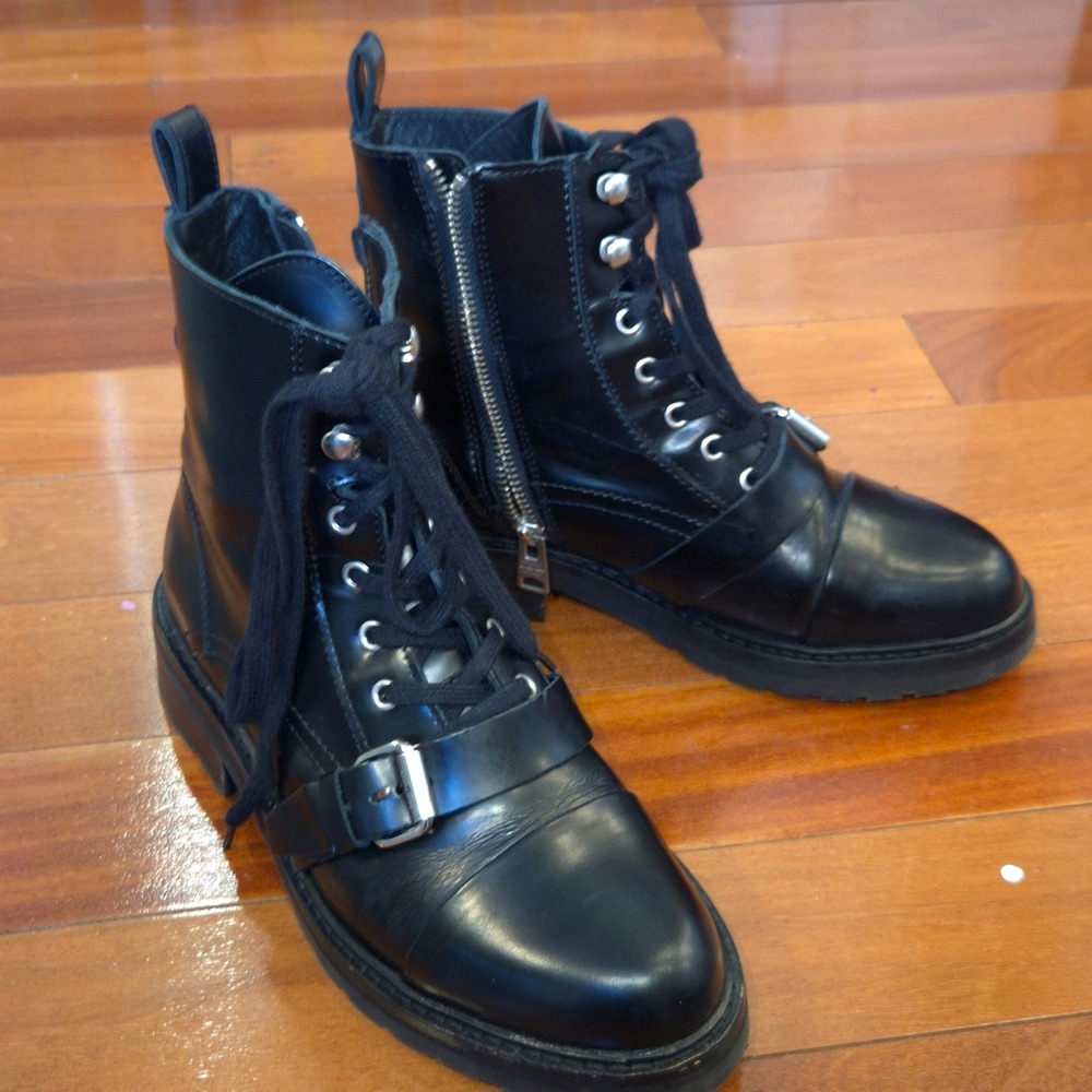 AllSaints Combat Boots Womens 37 Black Leather Buckle Zip Lug Sole